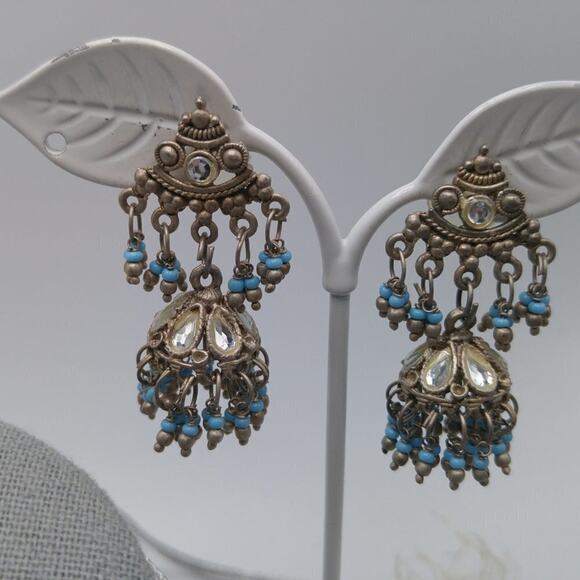 Turquoise Seed Bead Rhinestone Pendant 26" Necklace, Dangle Post Earrings 1 3/4" - Picture 5 of 8